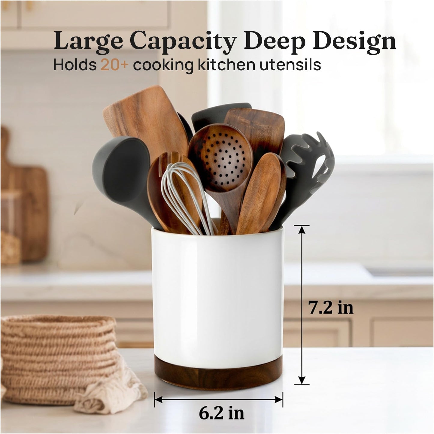 Nucookery Ceramic Rotating Utensil Holder for kitchen counter, 7.2" Stable Large Utensil Crock Countertop Organizer for Cooking Utensils, Modern Farmhouse Decor, Christmas Gift, White