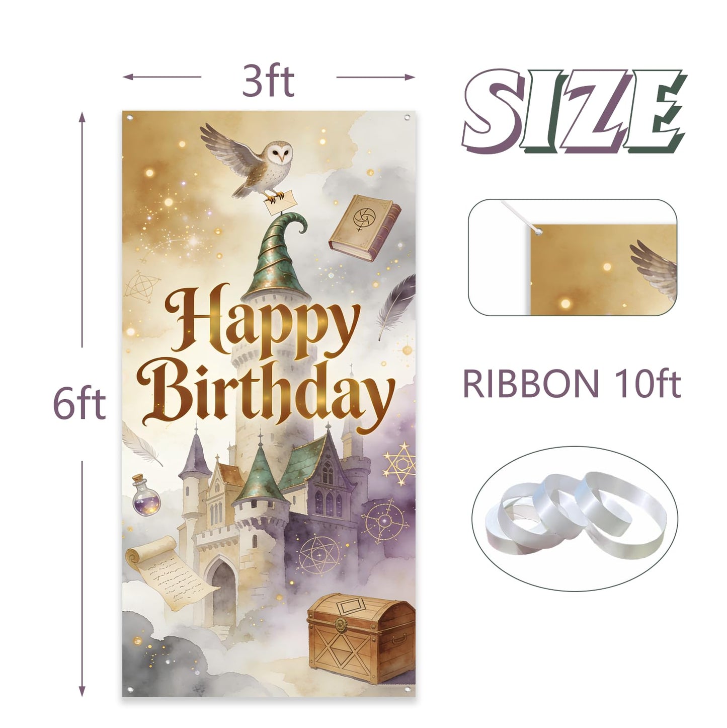Wizard Birthday Party Decorations Door Backdrop, 6x3ft Witch Theme Banner, Fantasy Magic Party Photo Backdrop for Girls Boys Birthday