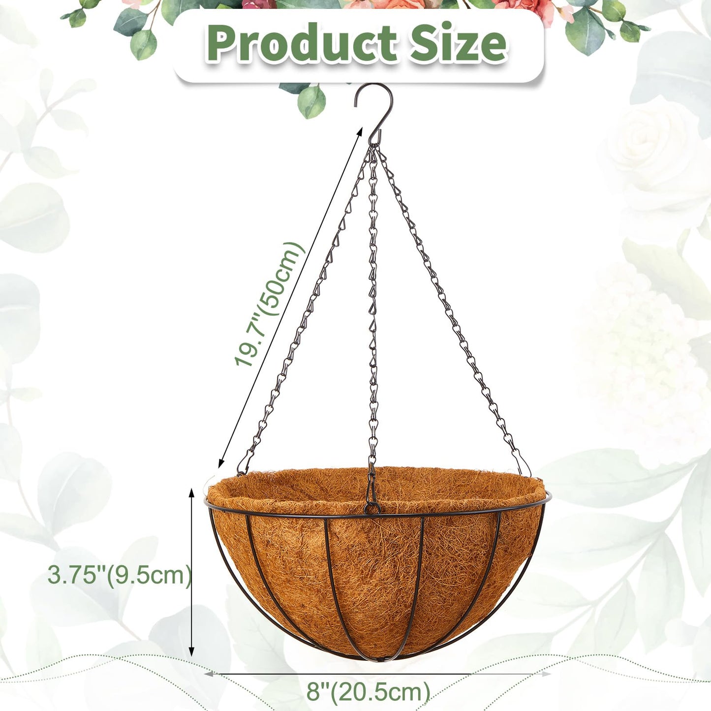 Rtteri 8 Pcs 8 Inch Hanging Baskets for Plants Outdoor with Metal Wire Frame and Coconut Coir Liners, Round Wire Hanging Baskets with Chain for Patio Garden Porch Decoration