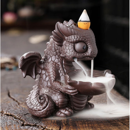 Ceramic Dragon Incense Burner, Cute Dinosaur Backflow Incense Holder with 20 Incense Cones, Tweezers, Mat, Aromatherapy Home Decoration for Spa Yoga Meditation (Brown)