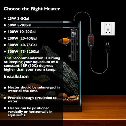 AquaMiracle Submersible Aquarium Heater, 100W Fish Tank Heaters with LED Digital Temp Display, Dry-Run Auto Power-Off & Overheat Protection, for Freshwater and Saltwater Tanks (10-20 Gal)