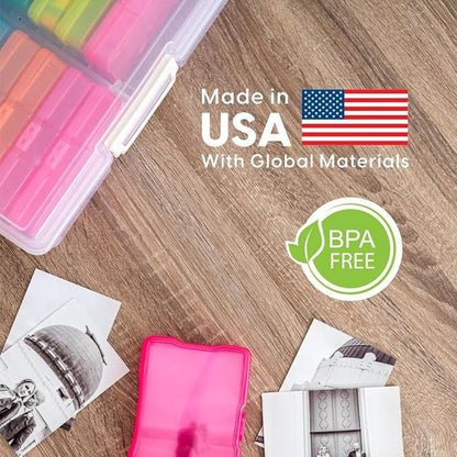 IRIS USA 4" x 6" |Made in USA| 2-Pack Photo Organizers and Picture Storage Box with Handle, 16 Inner Cases/Containers for Tasks, Stickers, Ephemera, & Flashcards - Clear/Multi-Color