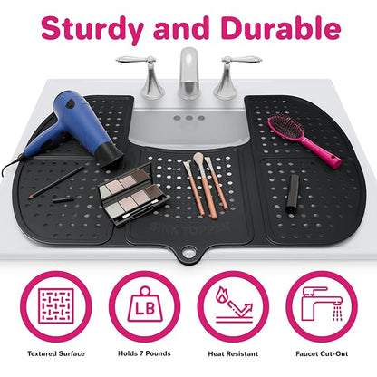 Sink Topper Bathroom Counter Cover & Storage Saver, Foldable Silicone Mat for Hot Tools, Hair Styling & Makeup, Beauty Brush Cleaning Mat, RV Camper Sink Cover & for Small Spaces (Large Black)