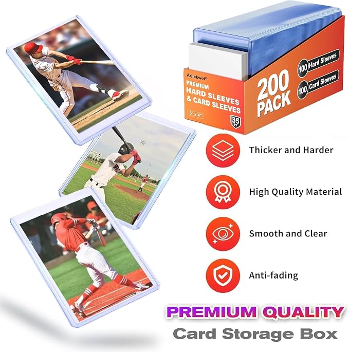 200 Pack Card Sleeves Hard Plastic, Arjiekwei 3"X4" Baseball Cards Protectors Plastic, Premium Card Holder for Trading Sports Baseball Football Game Cards (100 Hard + 100 Soft)
