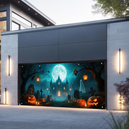 IVN Halloween Garage Door Cover 13x6ft Haunted Castle with Ghosts and Jack-o’-Lanterns Scene Garage Decoration with Green Moonlit Forest Halloween Decorations Outdoor