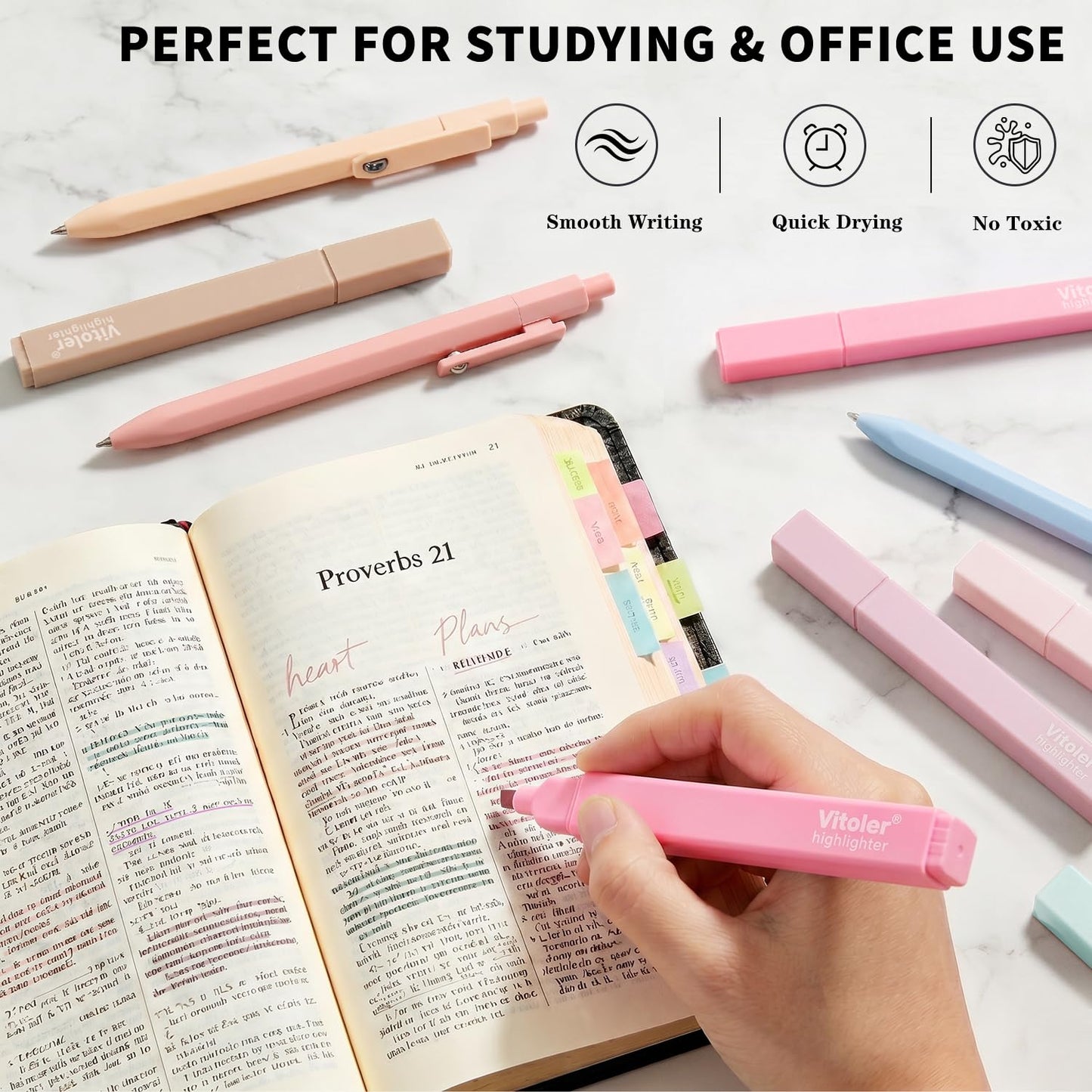 Piochoo Highlighters and Pens Set, 6pcs Cute Pastel Highlighters,6pcs 0.5mm Black Ink Gel Pens Quick Drying for Bible Studying Journaling Office School Supplies