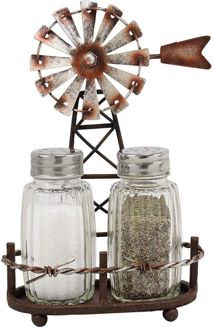 Ebros 6.5"Tall Rustic Country Farm Agricultural Windmill Outpost Salt And Pepper Shakers Holder Display Stand Set Western Kitchen Dining Home Decor Centerpiece In Aged Bronze Finish
