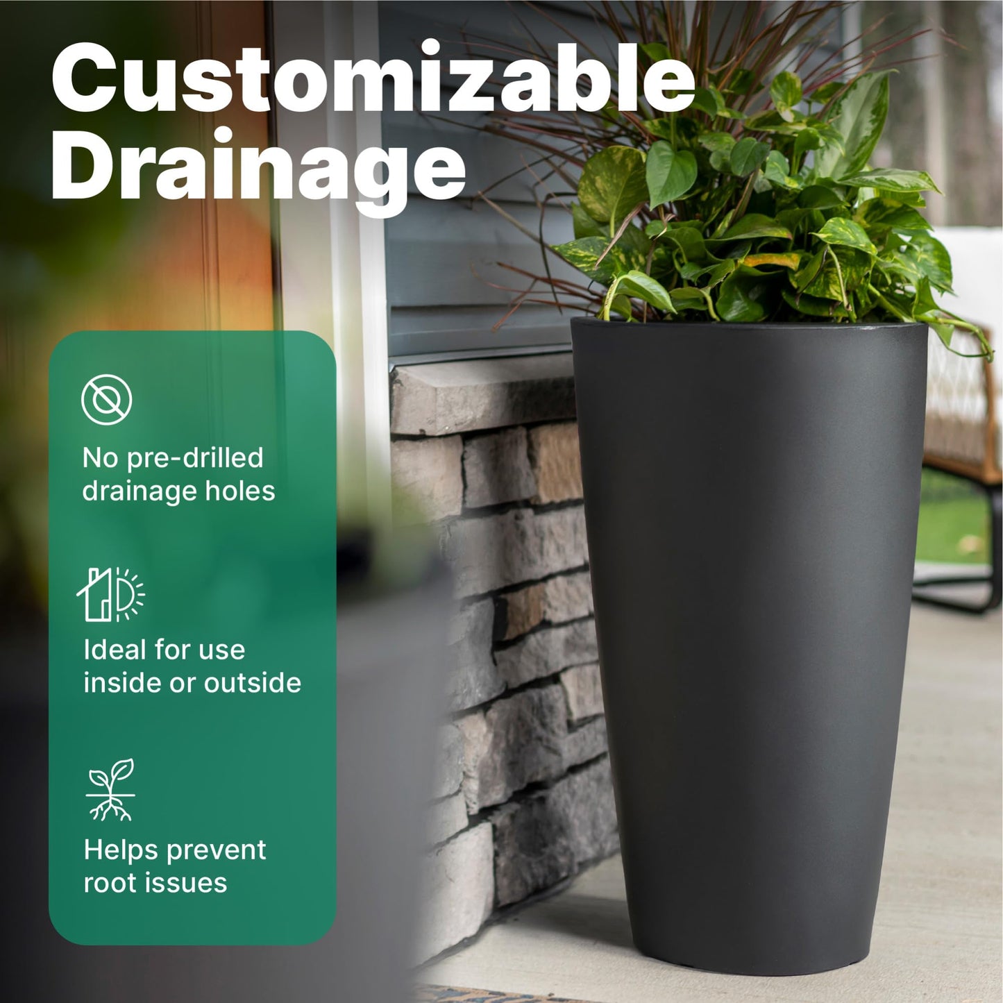 Step2 Tremont Tall Round Tapered Planter, 28" Tall, Indoor/Outdoor Plants, Efficient Drainage, Durable Resin, Onyx Black