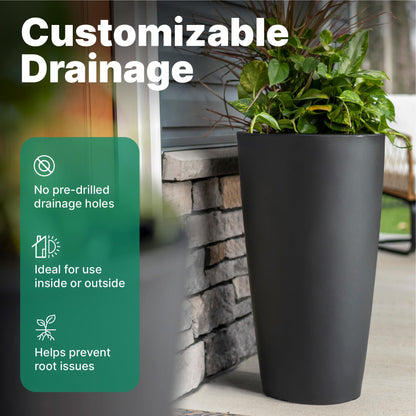 Step2 Tremont Tall Round Tapered Planter, 28" Tall, Indoor/Outdoor Plants, Efficient Drainage, Durable Resin, Onyx Black
