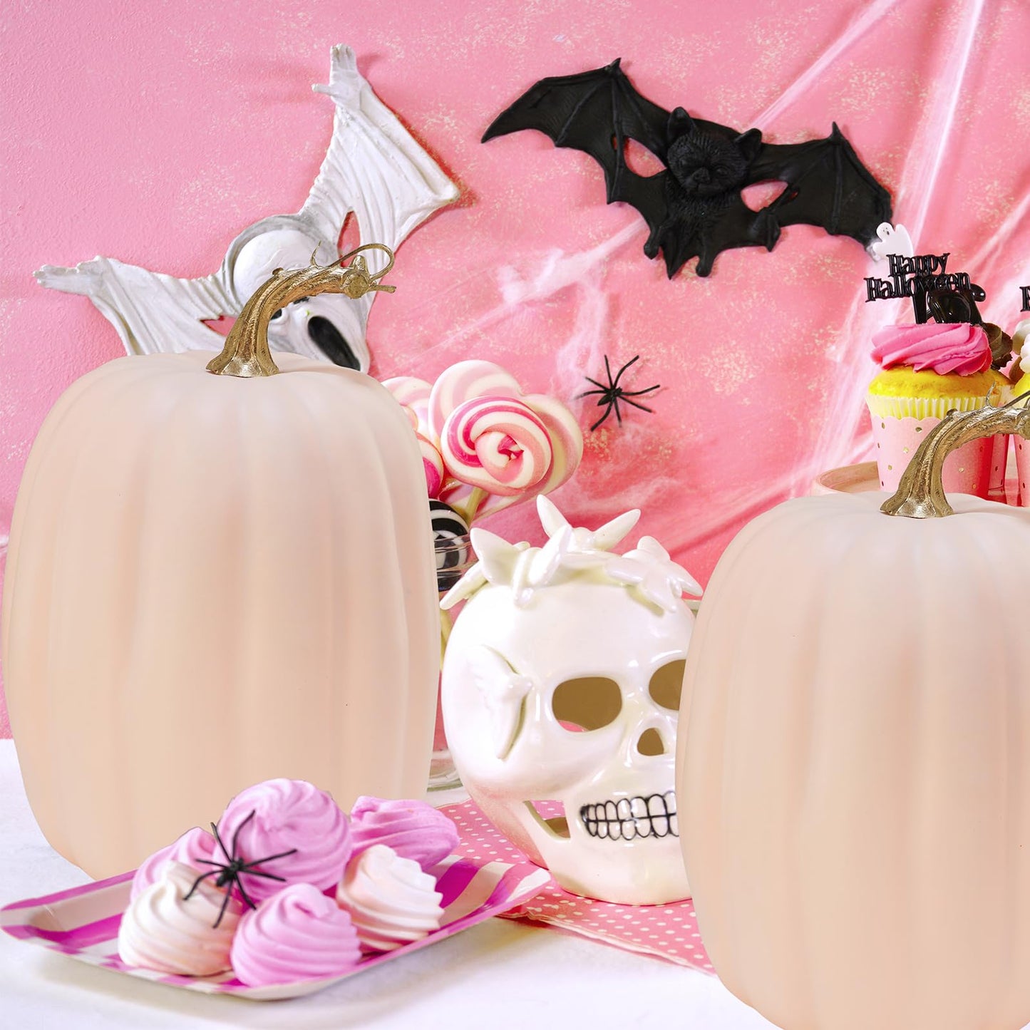 Winlyn 2 Pcs Large Artificial Pumpkins Fall Harvest Light Peach Pumpkins Big Faux Foam Pumpkins 8.7" for Fall Autumn Home Decor Wedding Baby Shower Thanksgiving Halloween Party Table Centerpiece