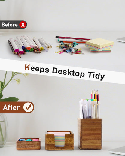 SWKHDKX Acacia Wood Desk Organizer Set with Sticky Note Holder, Pencil Pen Cup & Paper Clip Storage, Office Desk Accessories for Marker Craft (Set of 3)