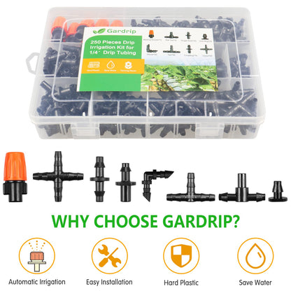 250 Pcs Drip Irrigation Fittings Kit for 1/4" Tubing：Gardrip 1/4 Inch Drip Irrigation Barbed Connectors (Nozzles, Nozzle Tees, Single Barbs, Couplings, Tees, Elbows, Plugs, Crosses) for Garden Systems