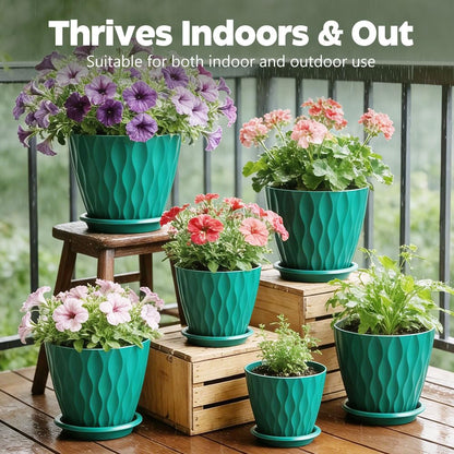 KEETUMOOD Plant Pots, Self Watering Planters with Drainage Holes and Trays, Flower Pots for Indoor Outdoor - 6 Pack(4/5/6/6.5/7/8 Inch) (Dark Green)