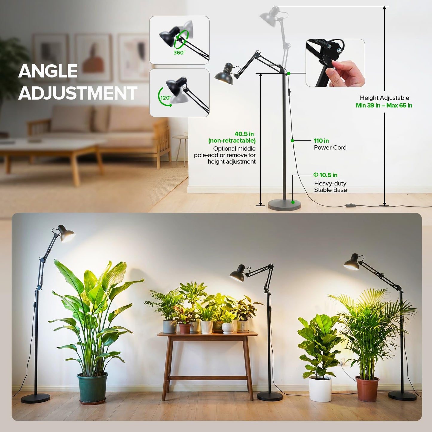 SANSI Grow Lights for Indoor Plants, 32W Plant Lights for Indoor Growing, Full Spectrum Dimmable 39-65 Inches High PPFD Standing Grow Light with PAR25 32W Bulb Remote Control Auto On/Off Timer