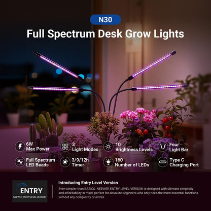 NEEWER ENTRY LEVEL VERSION Four Bar Grow Lights for Indoor Plants, Full Spectrum Clip Plant Growing Lamp with 160 Blue, Red, White LEDs, 3/9/12H Timer, Dimmable for Gardening Seed Starting Bonsai, N30