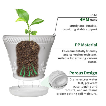 OUMUHE 11.4 Inch Plastic Planters with Drainage and Saucers, Set of 3, Decorative Flower Pots for Indoor Outdoor Use, Available in Terracotta & White (White)