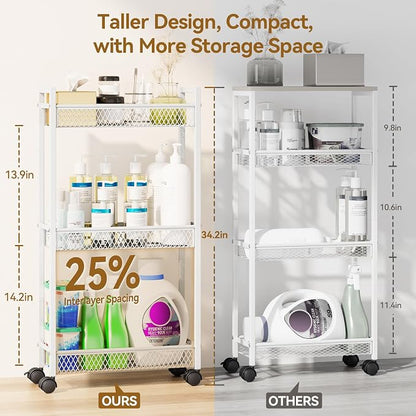 YASONIC Slim Rolling Storage Cart, Metal 3 Tier Bathroom Storage Organizer Laundry Room Utility Cart for Kitchen, Bthroom, Makeup, Craft, Laundry Narrow Places, White