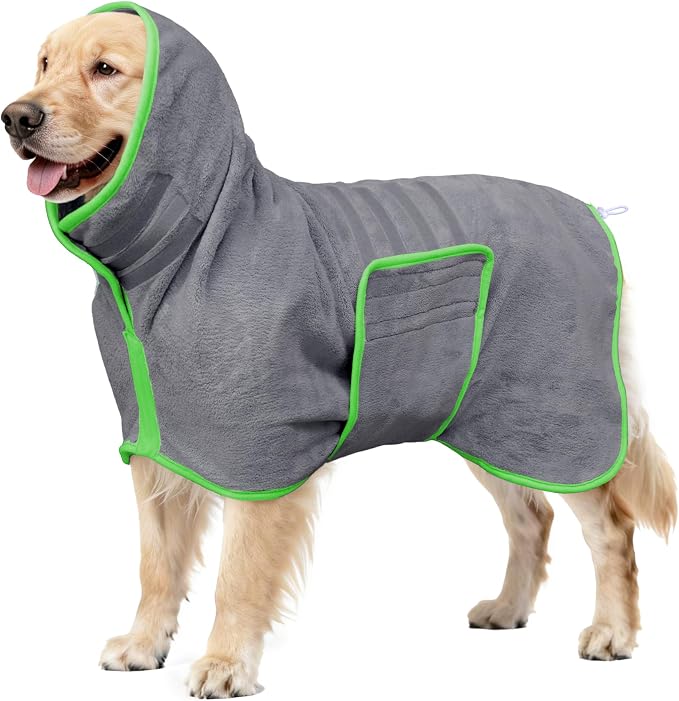 Soft Dog Bathrobe Fast Drying Dog Coat, Super Absorbent Dog Towels for After Bath, Microfiber Pet Robe Adjustable Collar & Belly Warm Keeping Dogs Coat for Pet Dogs & Cats (Grey, Large)