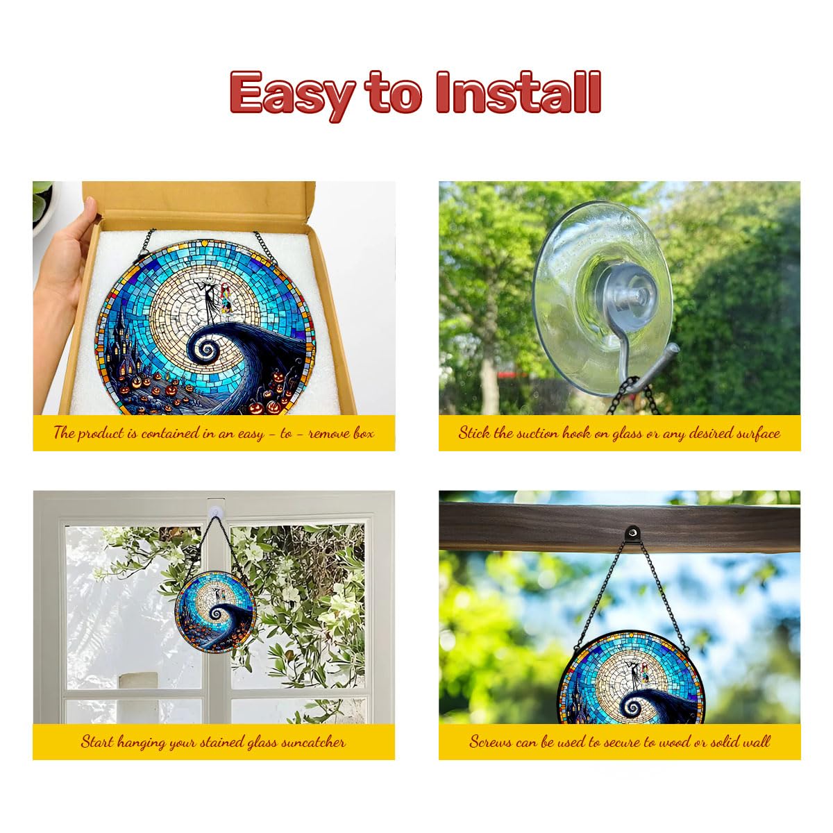 GENANY Spooky Stained Glass Window Hanging, Spring Sun Catcher with Metal Chain and Hook, Romantic Gifts for Women Friends Family, Garden Decor, Housewarming Gifts, Outdoor Decor