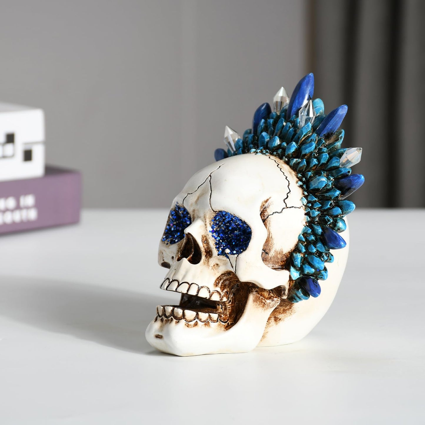 KalyZ@rts Skull Head Sculpture, Halloween & Gothic Decor, Creative Desktop Ornament, Resin Human Head Bone Model for Home Decoration, Bookshelf and Desktop, Model Anatomical Medical Skeleton (Blue)