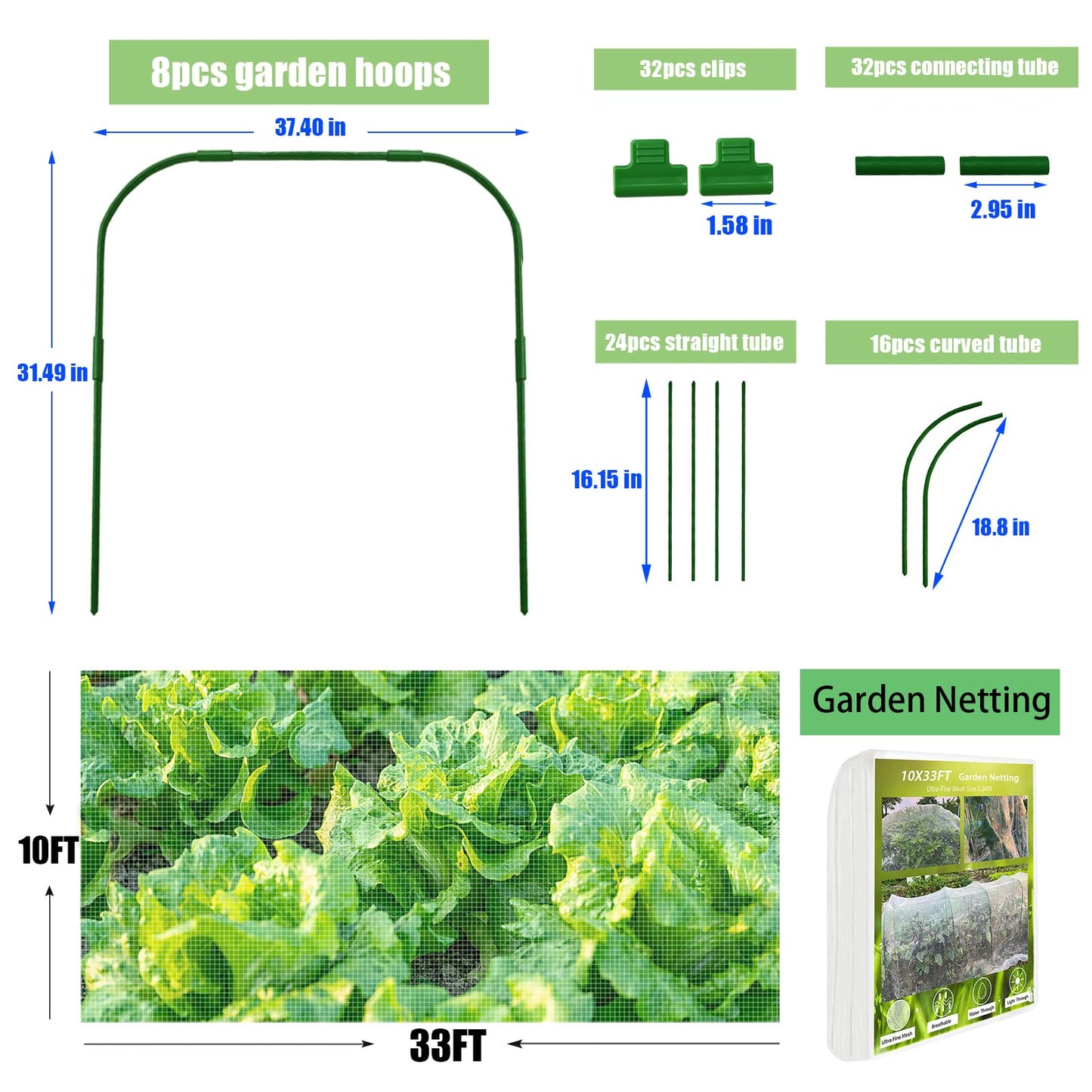 Garden Netting Kit, 8PCS Garden Hoops and 10x33FT Garden Mesh for Raised Beds, Ultra Fine Plant Net for Vegetable Fruits Crops Row Cover Barrier Protection Net for Animals