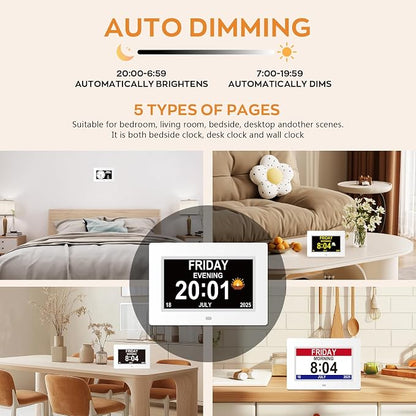 Digital Dementia Clocks for Seniors, 7 Inch, White | Day Date Time Large Display for Poor Vision Easy Read, Medication Reminder Alarm, Spanish 10 Languages, Alzheimer Gifts