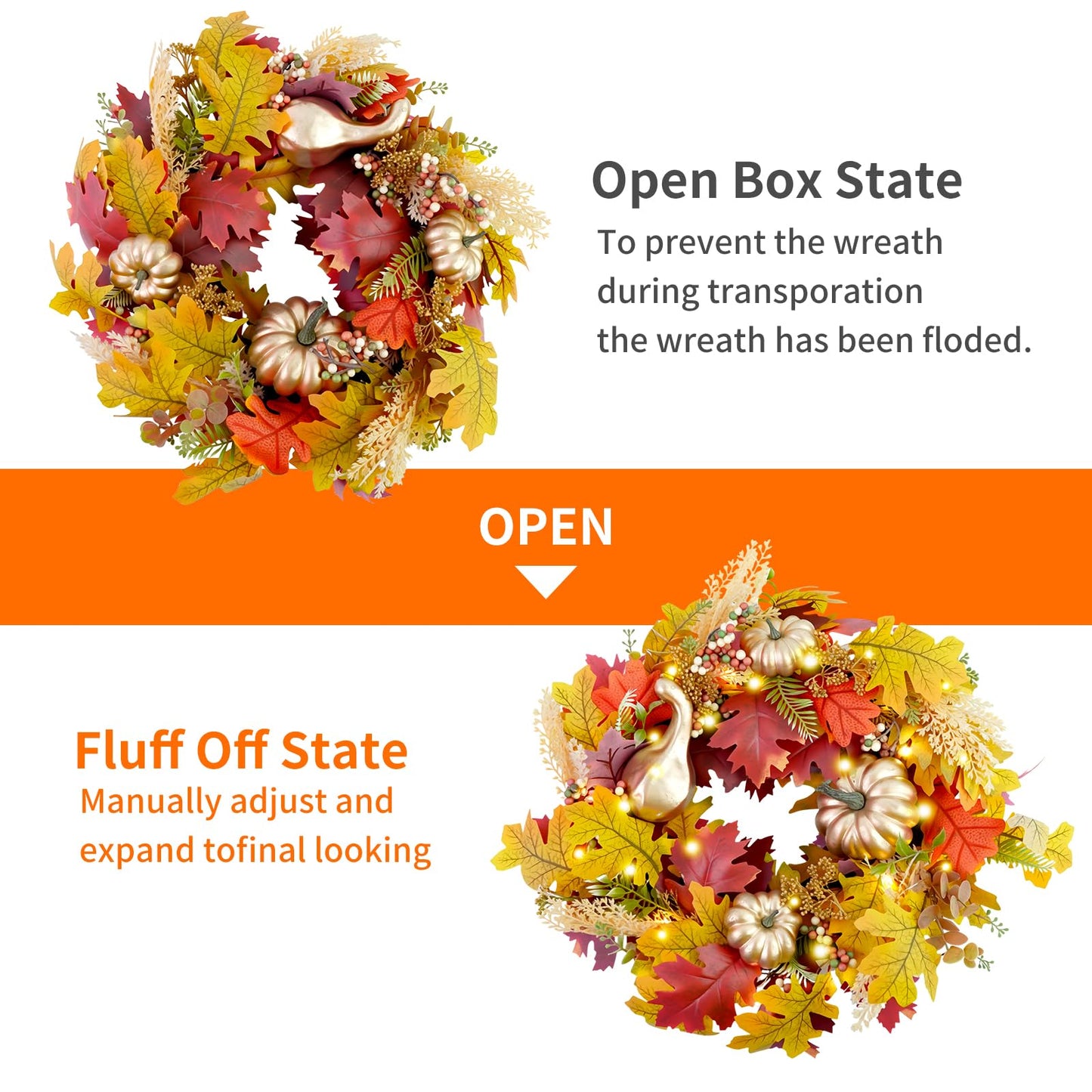 Fall Wreaths for Front Door,Sunflower Autumn Wreath with Lights,Pumpkins and Bows,for Thanksgiving Halloween Farmhouse Indoor Outdoor Outside (Golden Pumpkin)