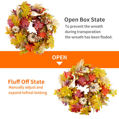 Fall Wreaths for Front Door,Sunflower Autumn Wreath with Lights,Pumpkins and Bows,for Thanksgiving Halloween Farmhouse Indoor Outdoor Outside (Golden Pumpkin)
