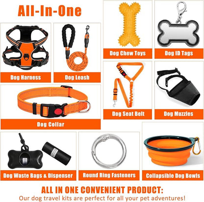 No Pull Dog Harness Adjustable Collar & Leash Set - Dog Halter Harnesses Collapsible Bowls & Poop Bag Dispenser Muzzle ID Tags Toys Fits Small Medium Large Dogs (Orange-XL)