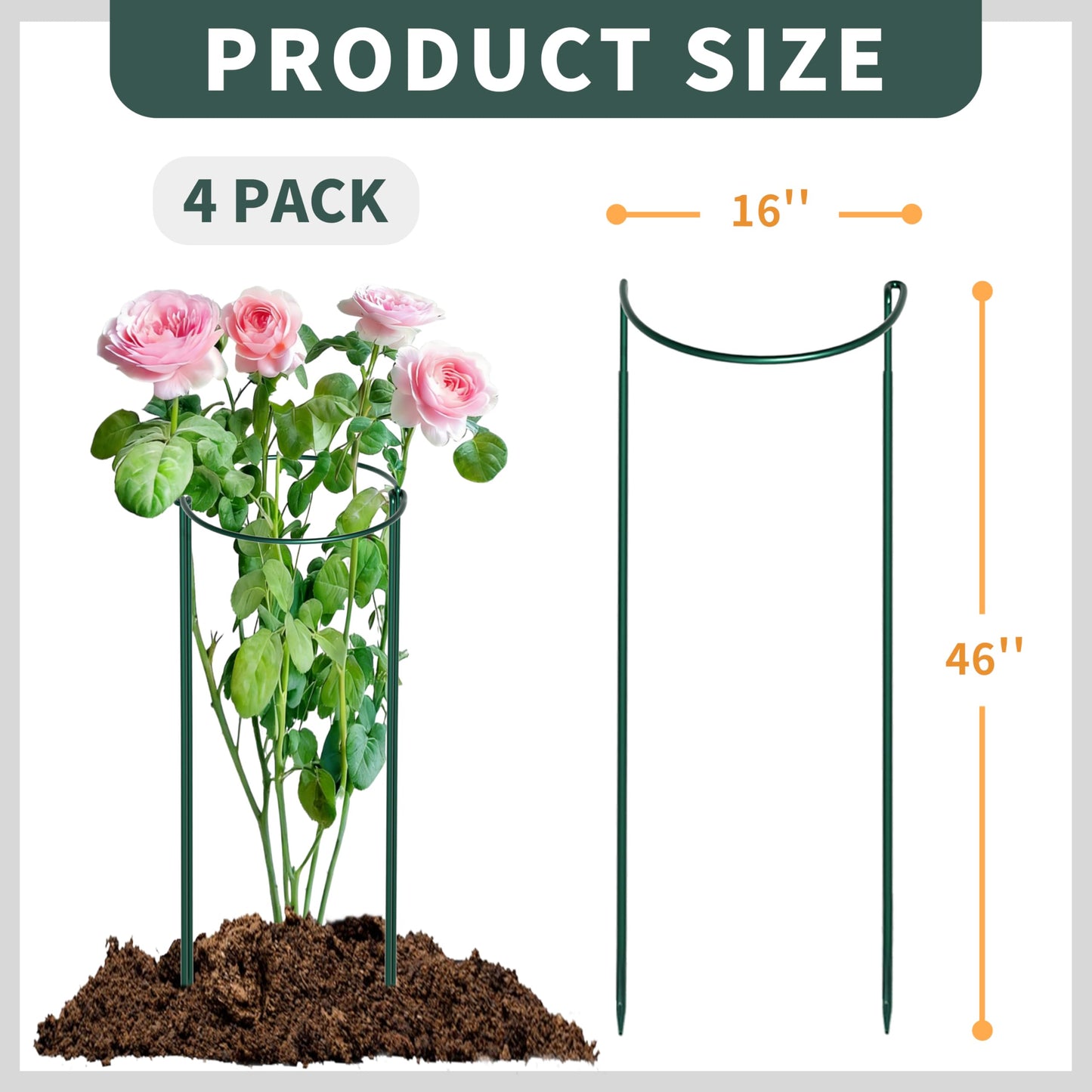 TCBWFY 4-Pack Plant Supports,16" Wx46 H Half Round Plant Support Stakes,6mm Thick Heavy-Duty Metal Peony Cage,Tall Garden Plant Support for Peony,Tomato,Hydrangea,Rose,Outdoor Flower Plant Stakes