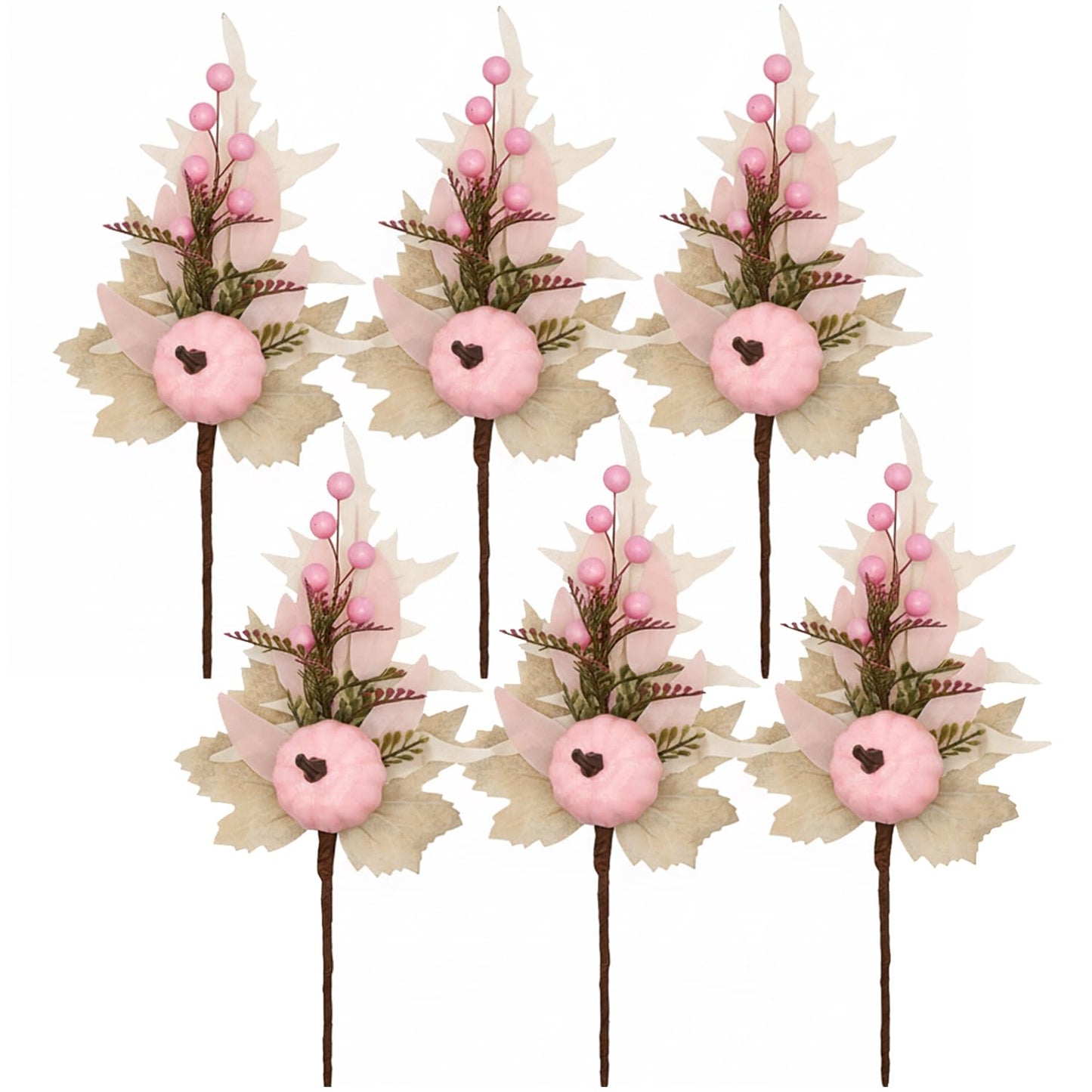 Adurself 6PCS Pink Fall Picks with Pumpkins – Artificial Autumn Floral Stems with Pink Pumpkin, Berries and Leaves for Thanksgiving Harvest Centerpiece, Vase, Home & Party Decoration