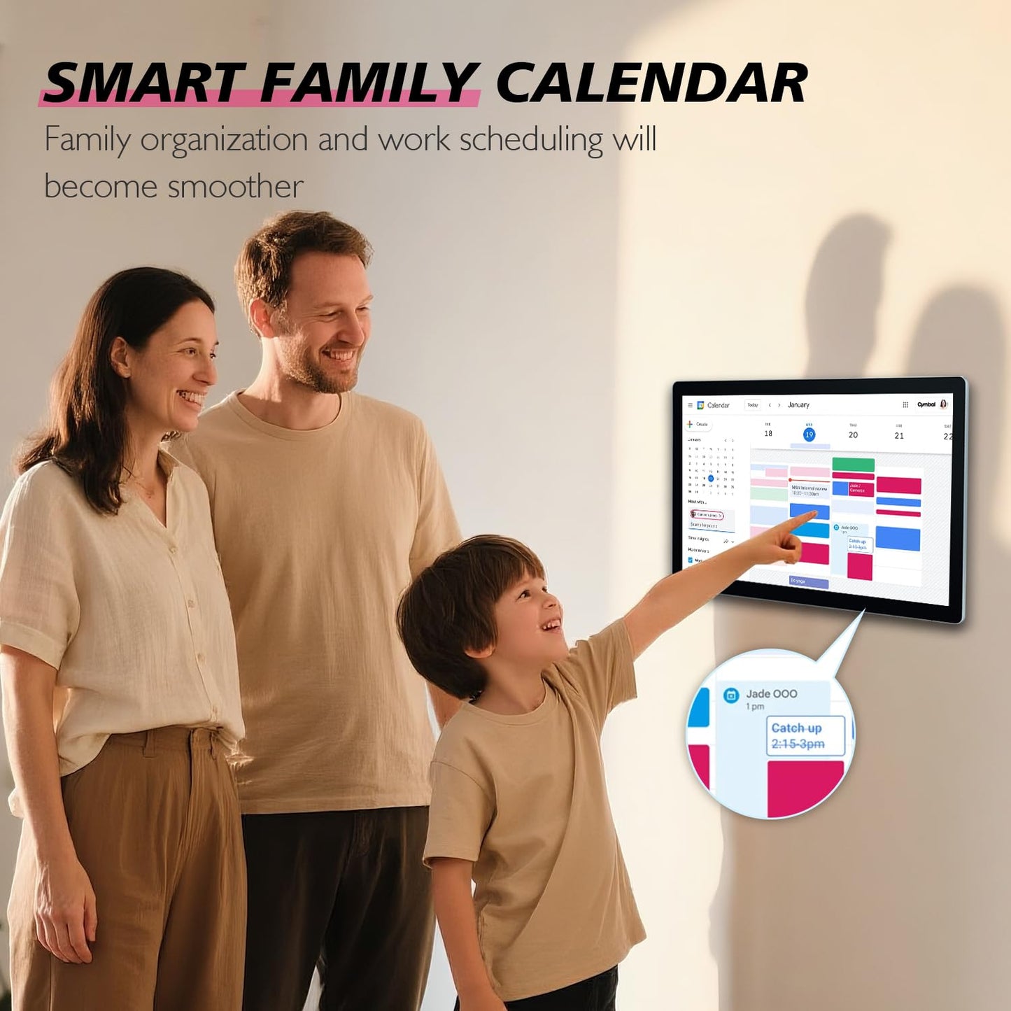 TouchWo 15.6 to 27 inch Touchscreen Digital Calendar & Wall Planners, Smart Whiteboard Calendar for Chore Chart & Work Schedule, Built in Speakers and Camera, Include Wall Mount & Desk Stand (18.5-inch)