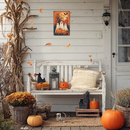 Halloween Three Ghosts Full Moon Pumpkin Spooky Retro Metal Tin Sign Wall Art Decor for Home Farmhouse Front Door Halloween Party Indoor Outdoor 8x12 Inch