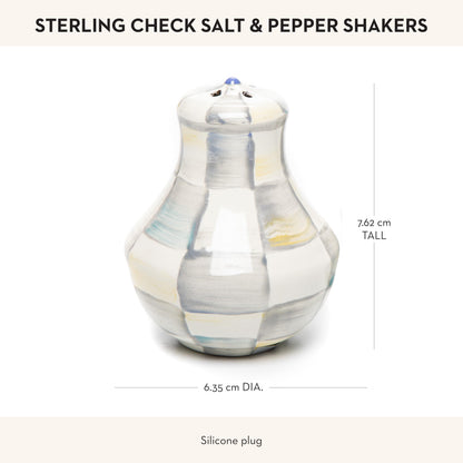MACKENZIE-CHILDS Enamel Salt and Pepper Shakers, Farmhouse Kitchen Decor and Accessories, Small, Gray-and-White Sterling Check