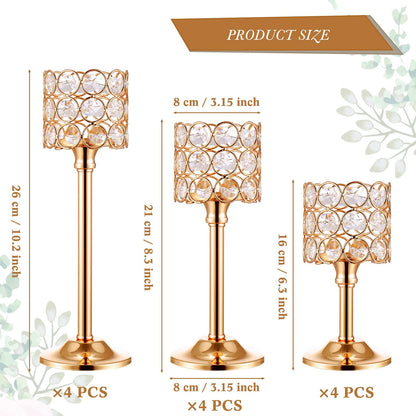Mumufy 12 Pieces Crystal Candle Holders Set 3 Sizes Tall Crystal Wedding Candlestick Holders Pillar Candelabra Stand for Table Centerpieces for Christmas Party Wedding Dining Decoration (Gold)