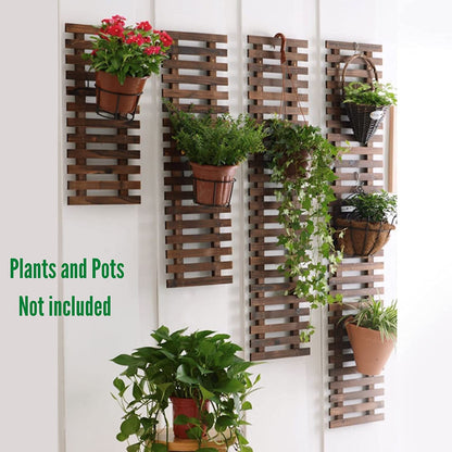 ShopLaLa Bundle- 5 Pack Set Wooden Hanging Plant Holder + 10 Pack, 4 Inch Black Self Watering Plastic Pots Large Wall Mount Vertical Hydroponic Live Garden Rustic Farmhouse Huge Shelves Modern Decor