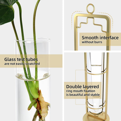 MIPON Metal Hanging Plant Propagation Station,3 Size Glass Test Tube Hydroponic Planter,Boho Wall Hanging Plant Cuttings Holder,Indoor Water Plant Terrarium Tubes for Home Office Window Decor-Gold