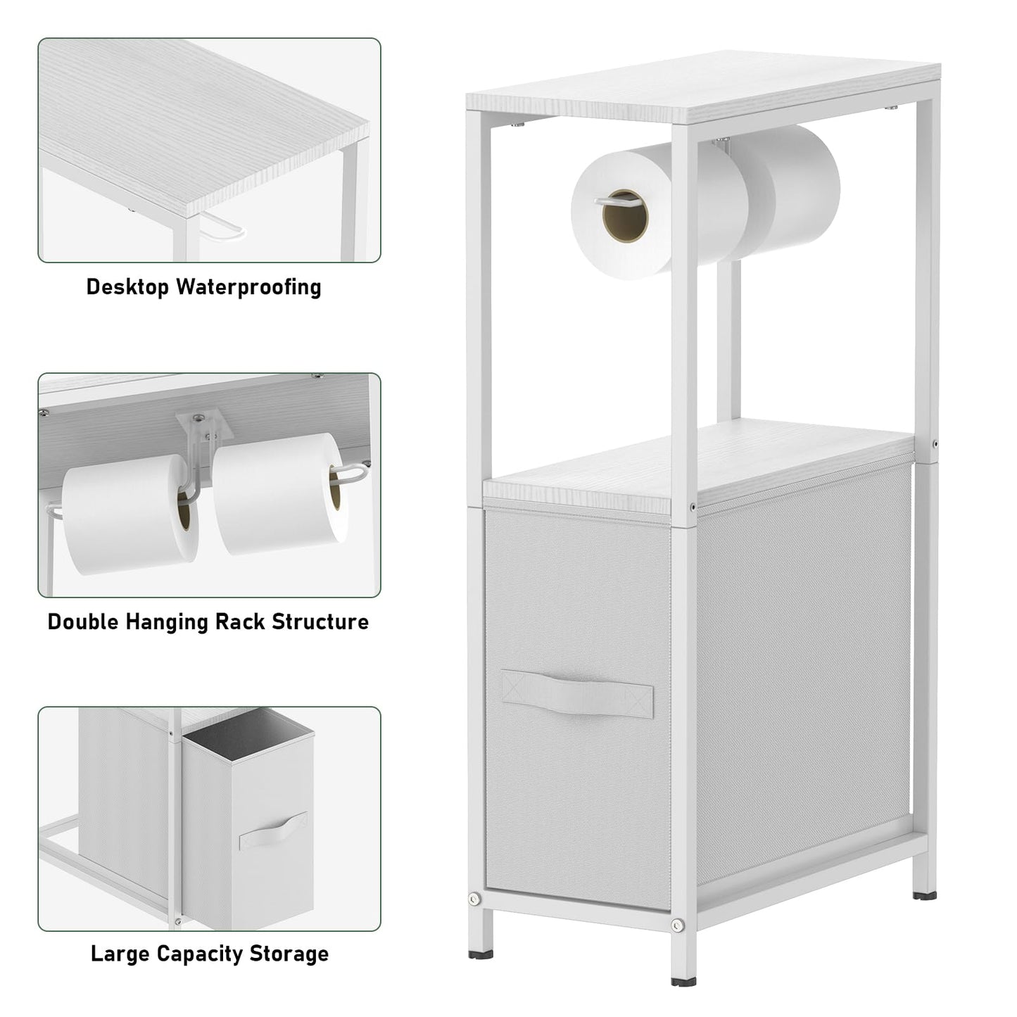 NOVIMANGO Slim Toilet Paper Storage Cabinet White, Toilet Paper Holder with Storage Bathroom Cabinet for Small Spaces Freestanding Tissue Stand with Drawer