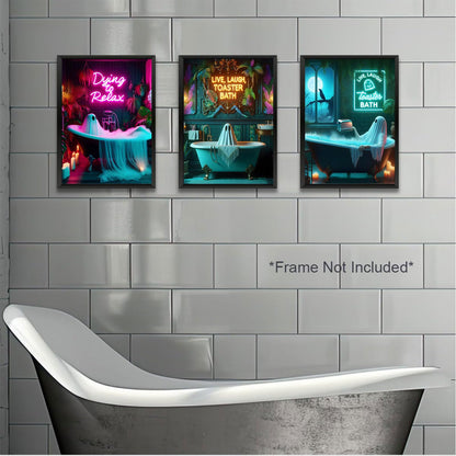 3 Pcs Halloween Ghost Neon Bathroom Canvas Wall Art Neon Sign Dying To Relax Wall Decor Pictures Funny Gothic Ghost Toaster Posters Prints for Restroom Dark Humor indie room Home Decortion Unframed