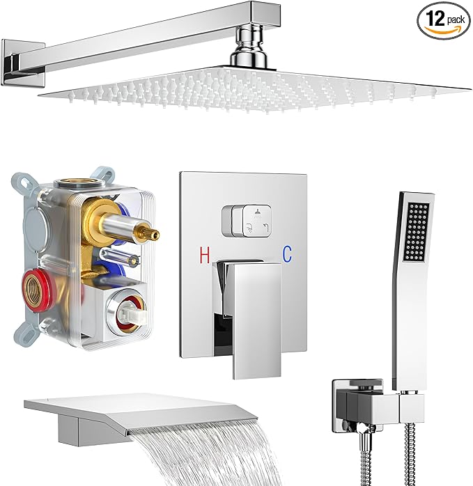 Polished Chrome Shower System with 12-Inch Rain Showerhead and Tub Spout | cUPC-certified pressure balance brass valve to prevent scalding, CEC-certified air injection technology for low pressure