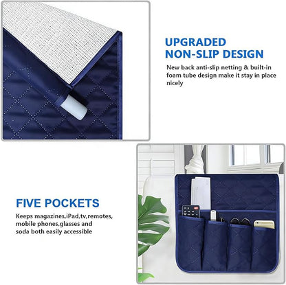 Armchair Caddy for Recliner, Couch Caddy Storage Organizer with 5 Pockets, Non Slip Sofa Arm Organizer for Remote Controls, Phone, Magazines, Tablet (Blue)