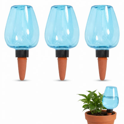 Kysren 3 pcs Self Watering Globes for Indoor Plants - Top-Fill 11.8oz Blue Plant Watering Devices for Vacation, Plastic Watering Bulbs with Terracotta Spikes