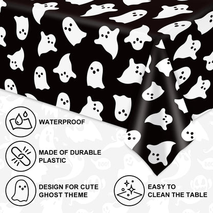 JarThenaAMCS 8 Pcs Halloween Plastic Tablecloths White Black Ghost Disposable Table Cover Spooky Rectangle Table Cloth for Trick or Treat Party Decor, 54 x 108 Inch