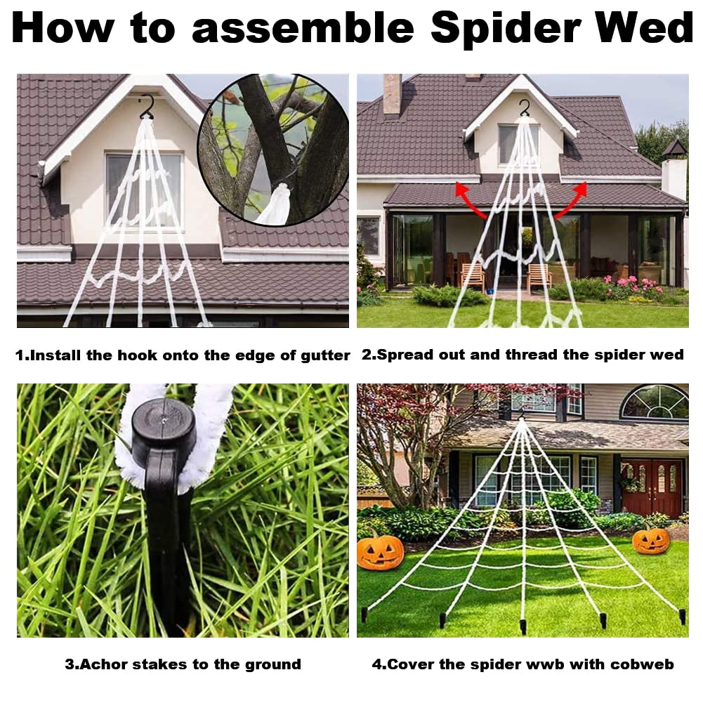 Giant Hairy Spider with Triangle Huge Spider Web for Indoor Outdoor Halloween Decoration Yard Lawn Home Party Haunted House Decor