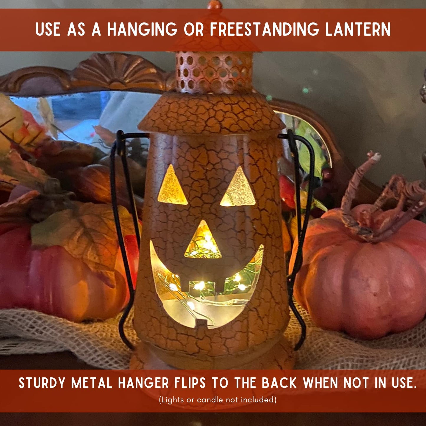 Halloween Pumpkin Rustic Lantern with Handle, Metal Jack O Lantern Fall Decoration, Standing or Hanging- Indoor, Outdoor, by Clovers Garden