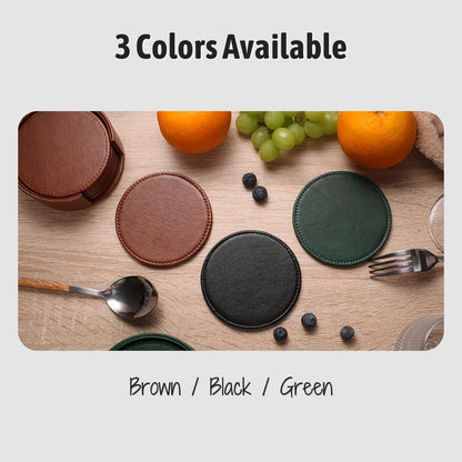 Lorteme Drink Coasters with Holder, 4" Leather Coasters for Drinks Set of 6 for Tabletop Protection, Elegant Home Decor & Handmade Housewarming Gift - Brown