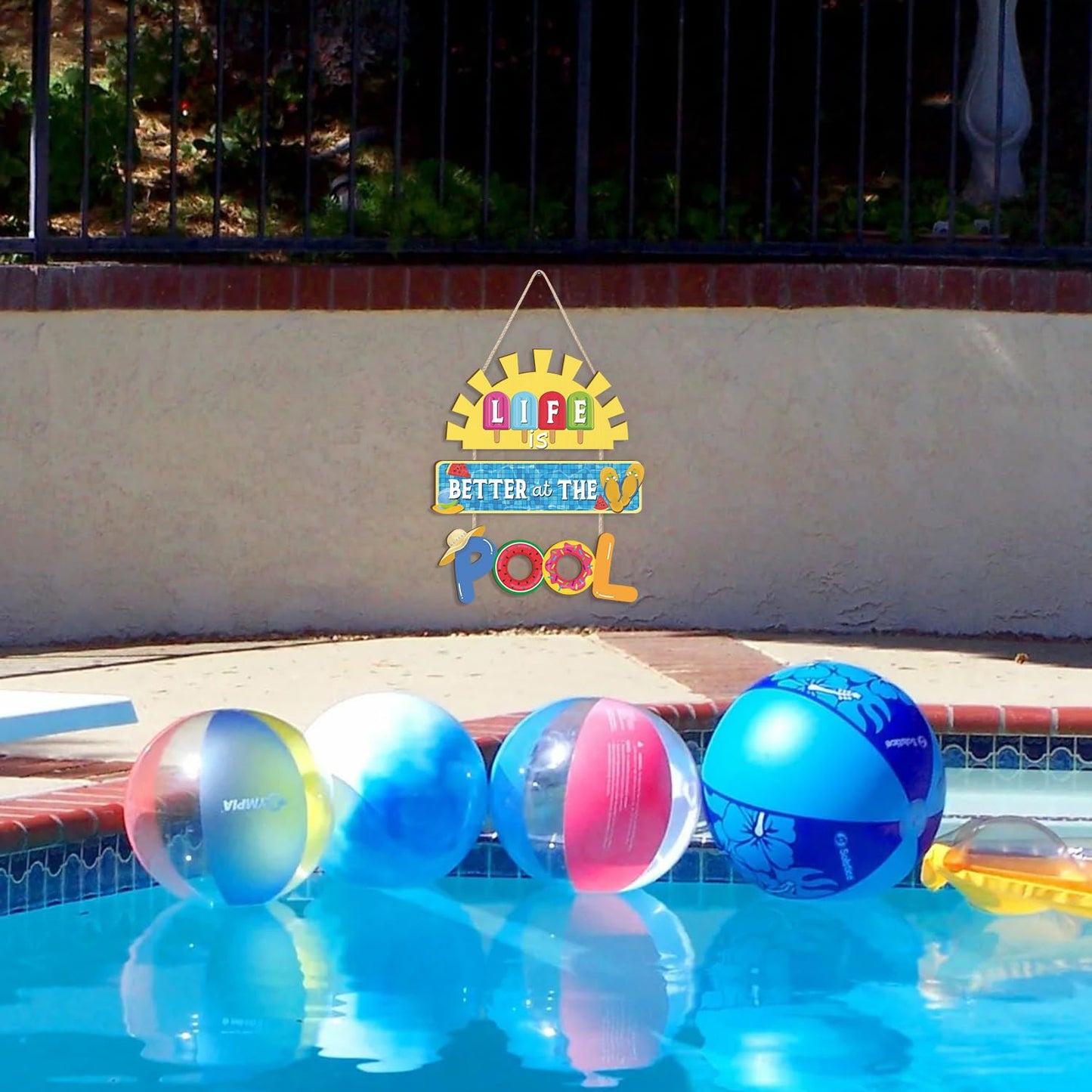 HOURIA Life is Better at The Pool Wood Hanging Sign,11.8 * 13.9 Inch Summer Sunshine Popsicle Swimming Pool Decor,Funny Pool Decorations for Outdoor Beach Party