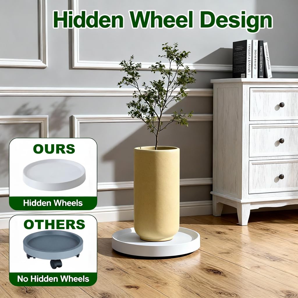 KangTeer 11.2 Inch Plant Caddy with Hidden Wheels,2-Pack Gray+Light Gray, Round Rolling Plant Stand, Mobile Tray for Medium-Sized Flower Pots, Protect Floor, Easy Move