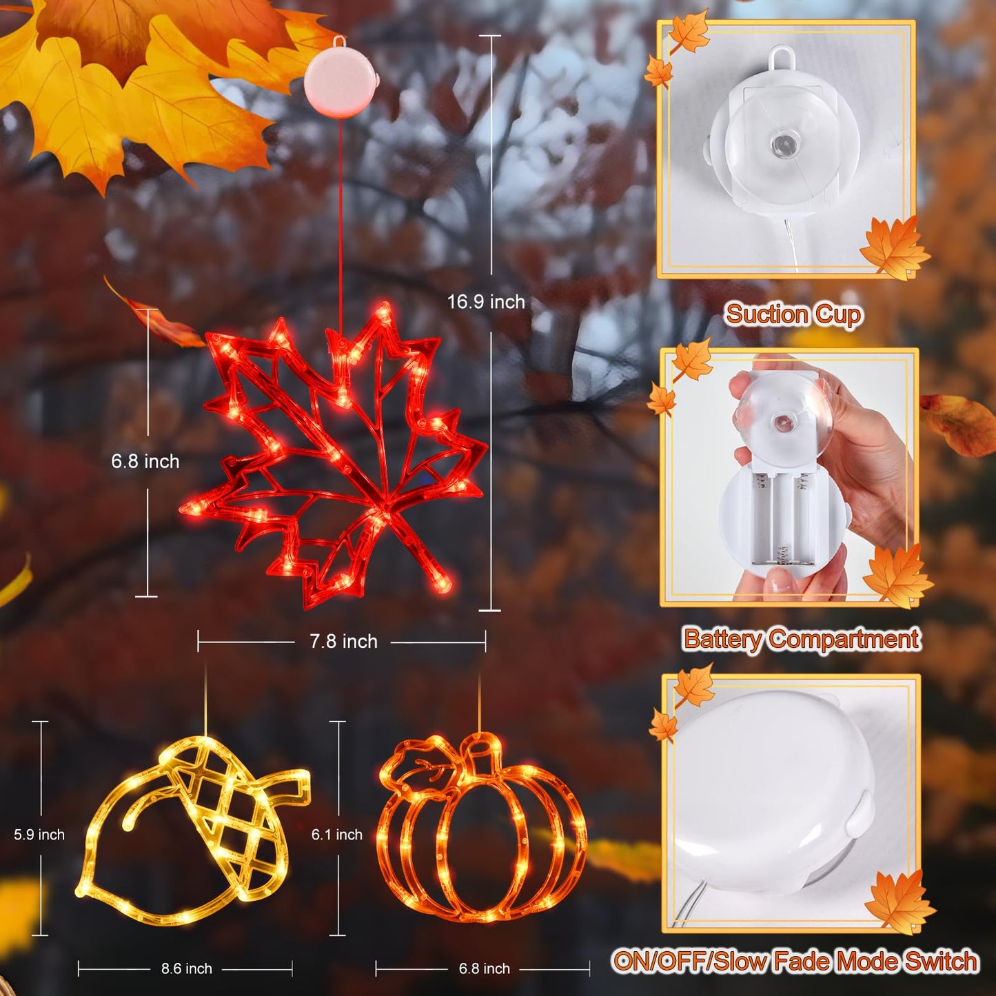 LOLStar Fall Decor Window Lights 2026 Thanksgiving Decorations Acorn Maple Leaves Pumpkin LED Lights with Suction Cups Battery Operated(Exclusive) Slow Fade Mode Timer Autumn Decorations for Home
