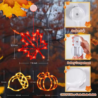 LOLStar Fall Decor Window Lights 2026 Thanksgiving Decorations Acorn Maple Leaves Pumpkin LED Lights with Suction Cups Battery Operated(Exclusive) Slow Fade Mode Timer Autumn Decorations for Home